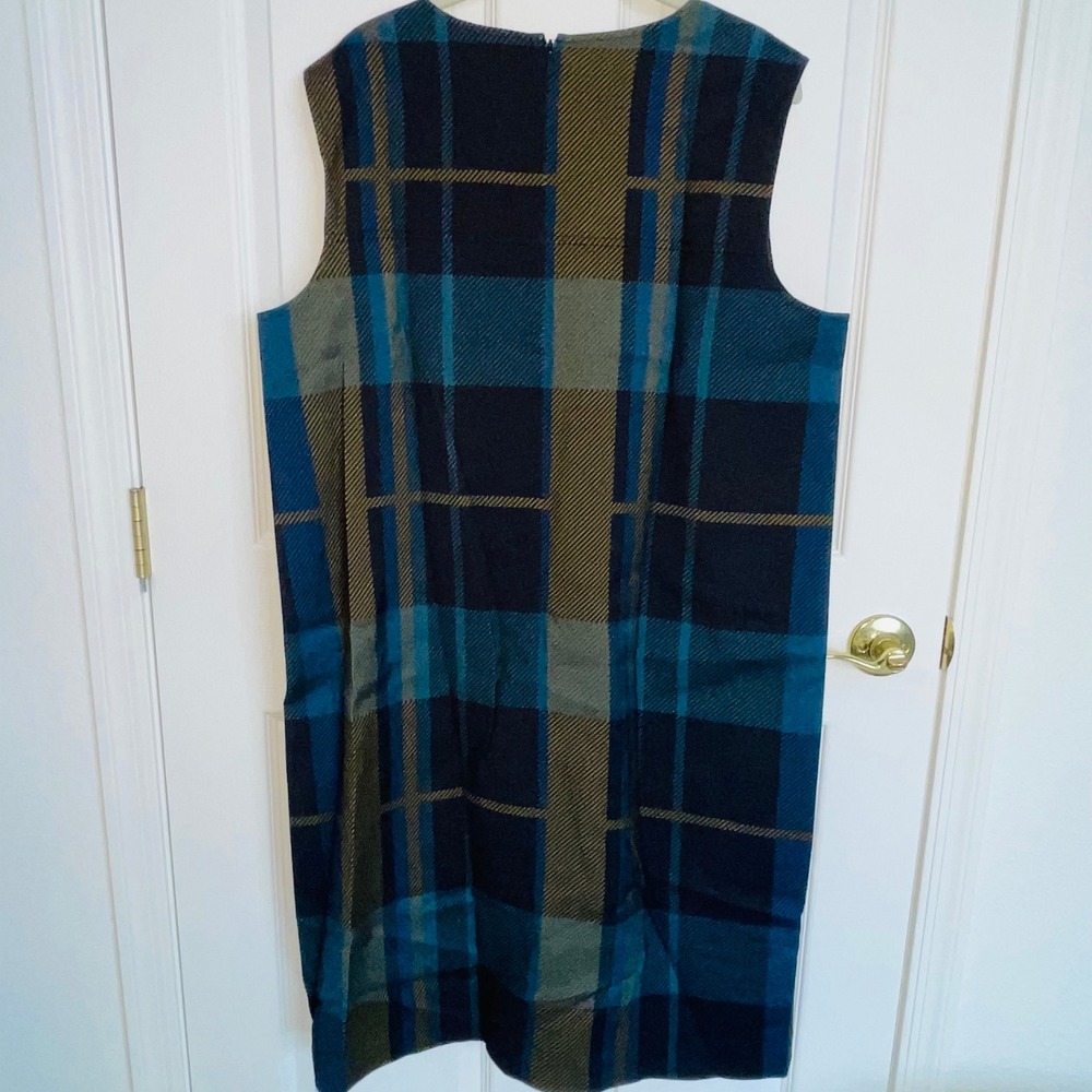 LAFAYETTE 148 NEW YORK Plaid Wool Blend Shift Dress Sleeveless Pockets XXL Blue